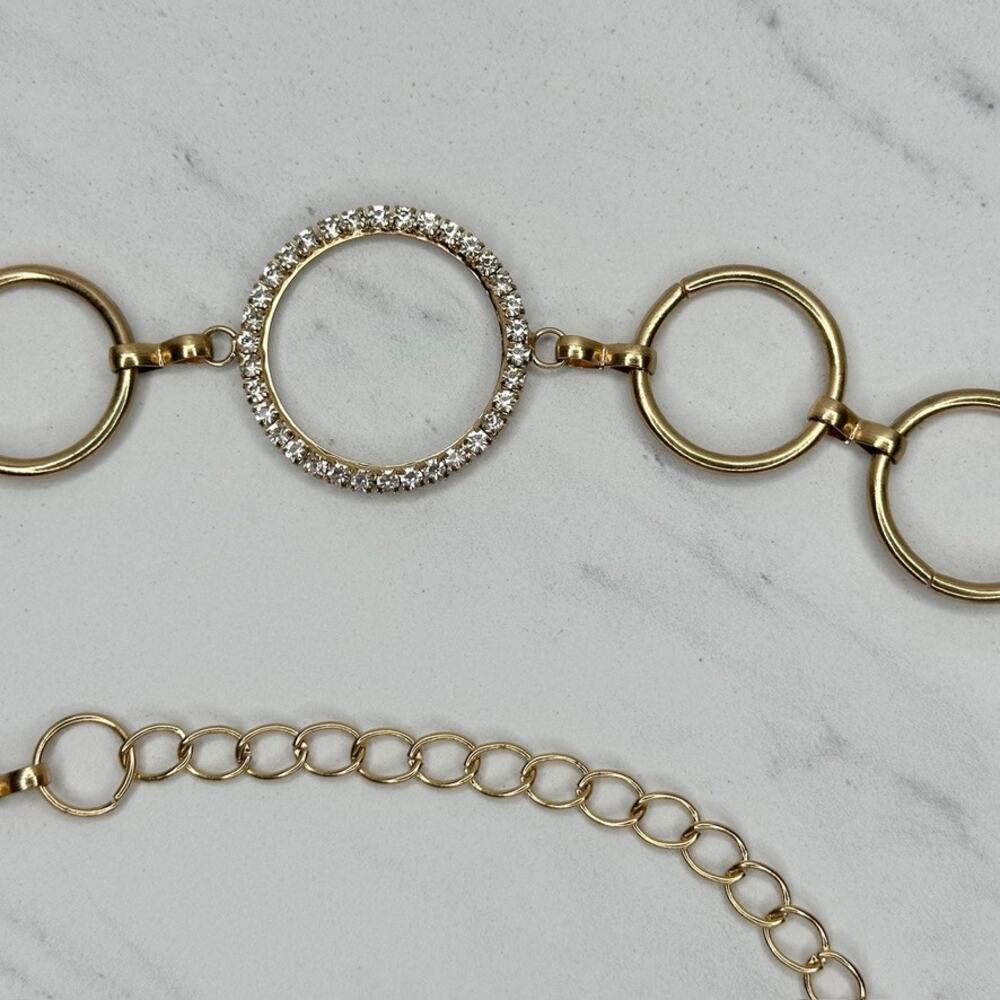 Womens Rhinestone Hoop Circle Gold Tone Chain Link Belt Plus One Size OS ✨ - Picture 5 of 12